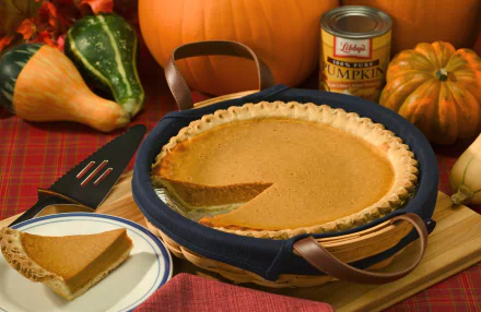 HD desktop wallpaper of a pumpkin pie with a slice served on a plate, surrounded by pumpkins, gourds, and a can of pumpkin for a warm, festive still life scene.