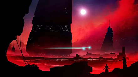 Silhouette of futuristic buildings against a dramatic red sky with a glowing sun in a Sci-Fi landscape, featured in a high-definition desktop wallpaper.