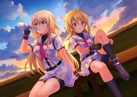 Anime HD PC desktop wallpaper/background: two Hachigatsu no Cinderella Nine girls in baseball uniforms sit on a bench at sunset, one drinking water, vivid sky over the field.