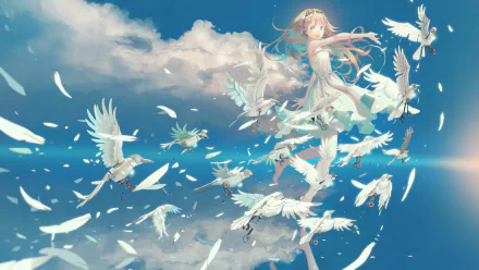 HD PC desktop wallpaper featuring an original anime-style character by Octaviagrace, surrounded by white birds in a bright, cloud-filled sky.