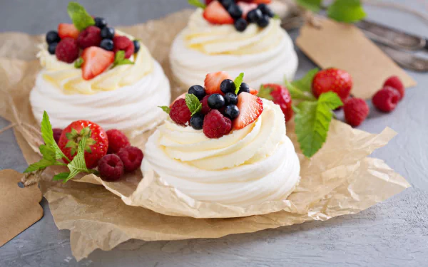 HD desktop wallpaper of creamy meringue nests topped with fresh strawberries, raspberries, blueberries, and mint leaves, showcasing a vibrant berry dessert.