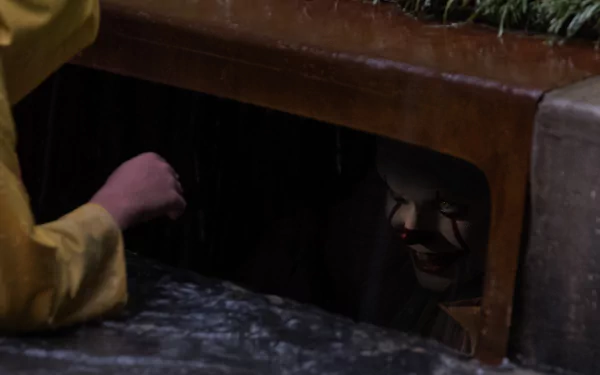A chilling HD desktop wallpaper featuring Pennywise the clown from the movie It (2017), lurking in a storm drain as a child in a yellow raincoat reaches in.
