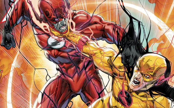 A high-definition desktop wallpaper featuring a dynamic comic scene of Reverse-Flash and Flash in a heated battle, tagged with Reverse-Flash, Comic, and Flash.