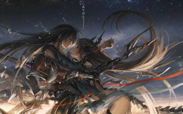Anime HD wallpaper depicting a dramatic night scene with two long-haired characters, one holding a weapon, from Pixiv Fantasia. The artwork captures intense emotions under a starry sky.