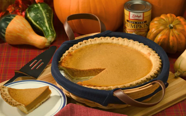 HD desktop wallpaper of a pumpkin pie with a slice served on a plate, surrounded by pumpkins, gourds, and a can of pumpkin for a warm, festive still life scene.