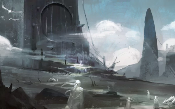 A mystical spirit wanders a vast fantasy landscape with towering structures under a cloudy sky, captured in stunning 4K Ultra HD for a PC desktop wallpaper.