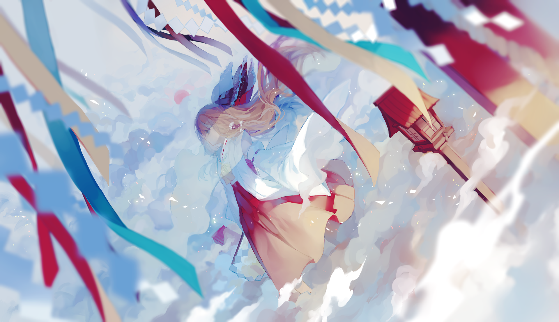 HD desktop wallpaper featuring a blonde maiden resembling Reimu Hakurei from the Touhou series, surrounded by vibrant red, blue, and white streamers against a dreamy, cloud-filled background.