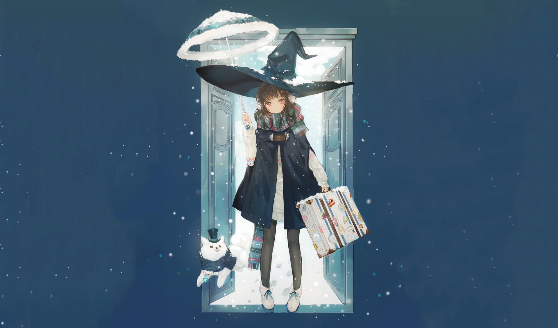A whimsical anime scene features a cat in a hat and a girl with a scarf standing in the snow by a door, holding an umbrella and suitcase, creating a magical atmosphere.