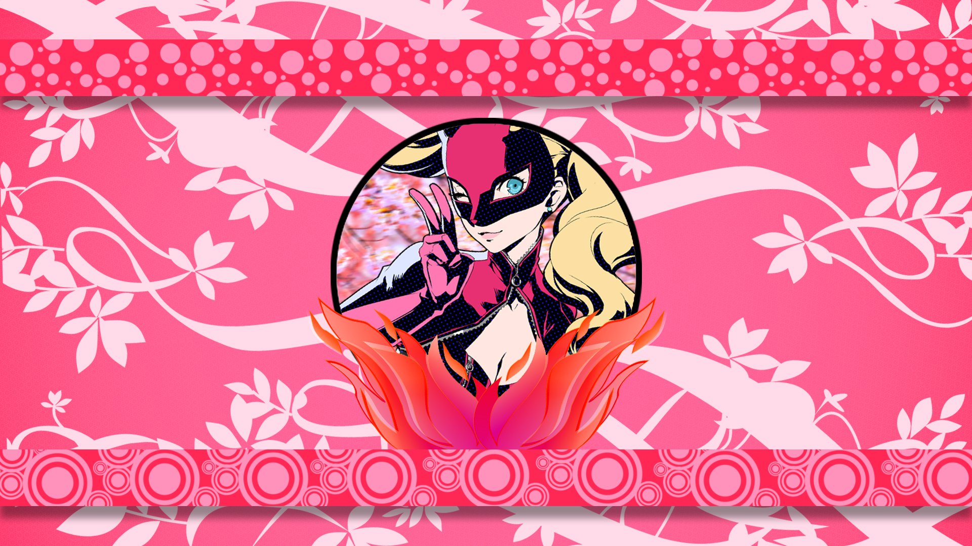 HD PC desktop wallpaper of Ann Takamaki from Persona 5: masked portrait centered on a pink floral patterned background with stylized red lotus accents.