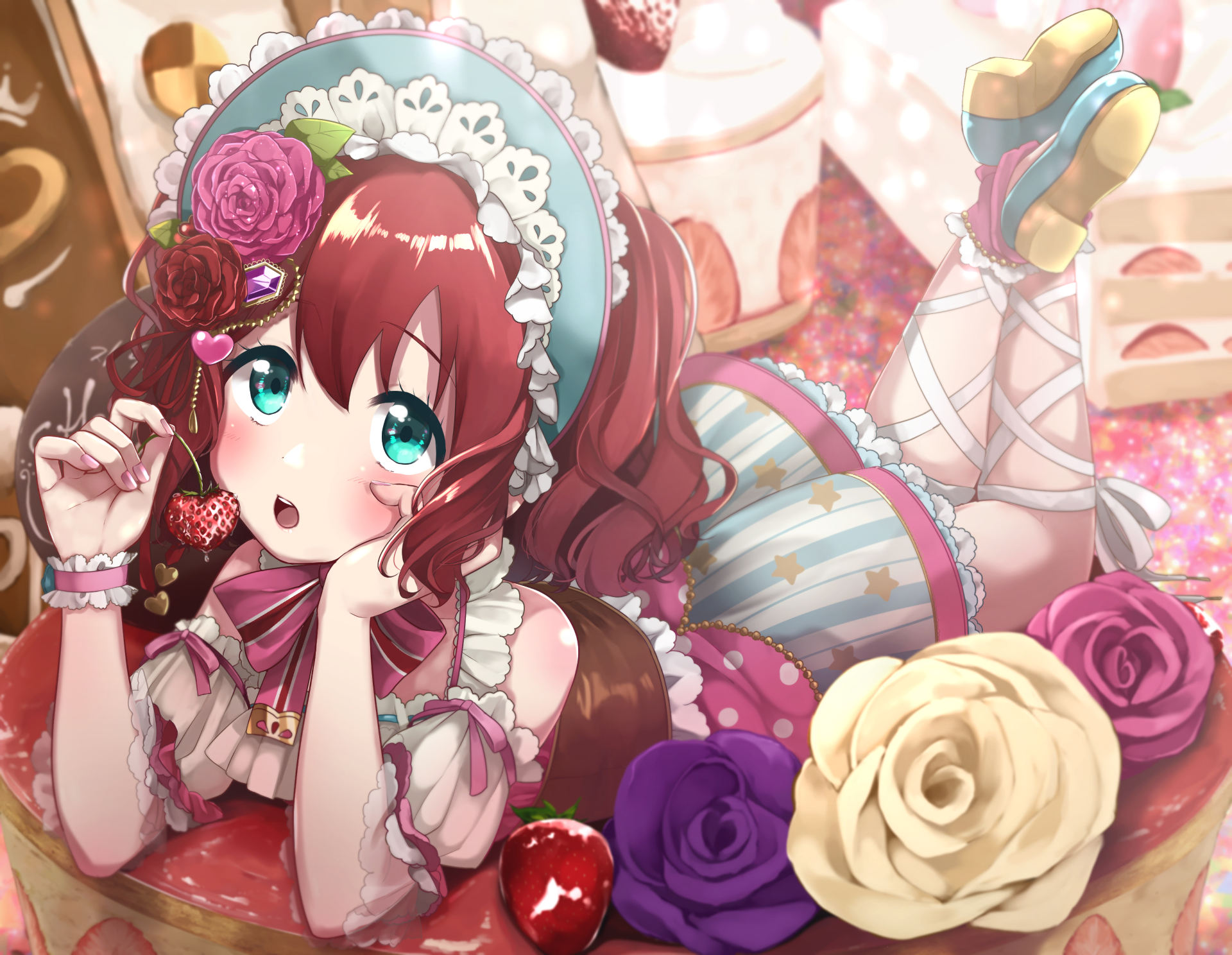 HD PC desktop wallpaper featuring Ruby Kurosawa from the anime Love Live! Sunshine!! in a detailed, colorful setting with flowers and sweets.