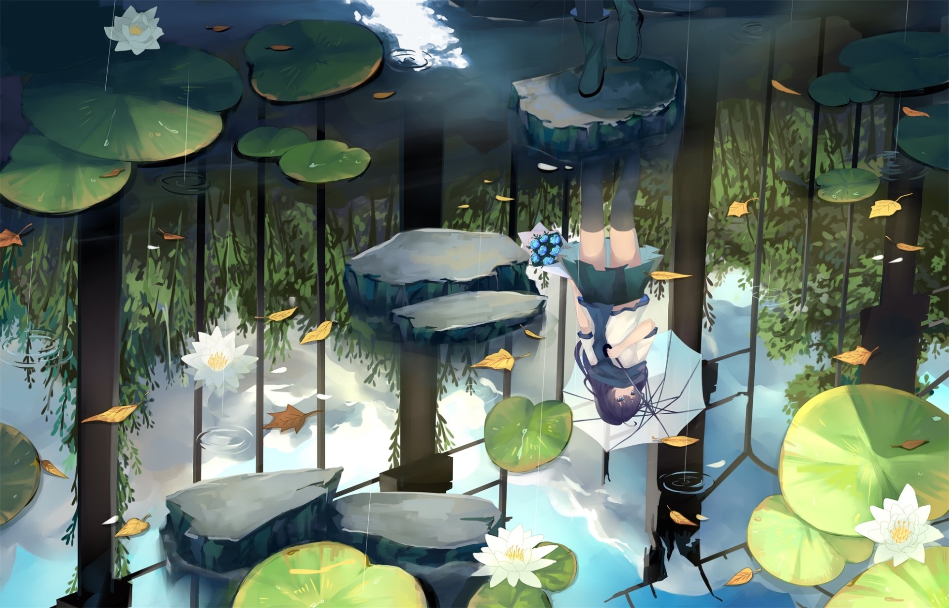 Anime-style HD desktop wallpaper featuring a serene water scene with water lilies, lily pads, reflective water, and a character holding an umbrella, surrounded by nature.