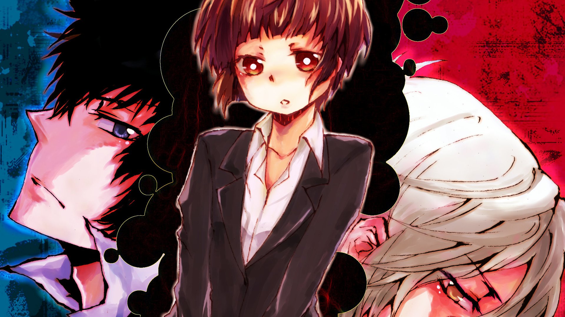 HD anime wallpaper featuring Shougo Makishima, Shinya Kogami, and Akane Tsunemori from Psycho-Pass with vibrant colors and intense expressions.