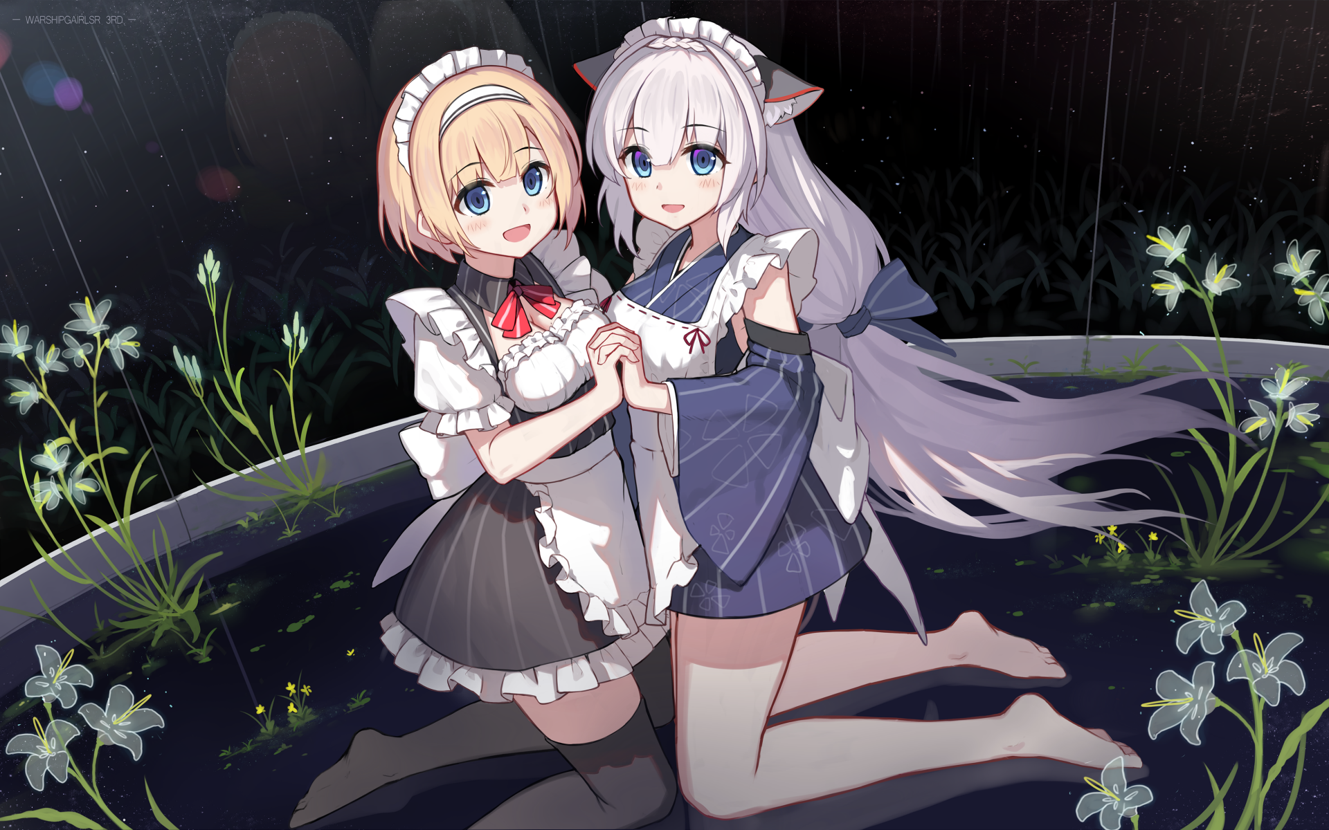 4K Ultra HD PC desktop wallpaper/background of Warship Girls anime: two ship-girl characters—one in a maid outfit, one with long silver hair—kneeling hand-in-hand amid night flowers.
