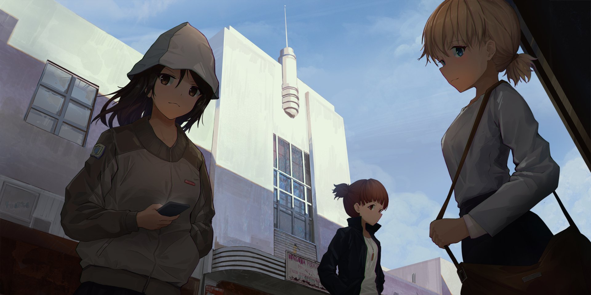 HD PC desktop wallpaper featuring Mika, Mikko, and Aki from Girls und Panzer alongside Girls Frontline elements in a stylized video game scene.
