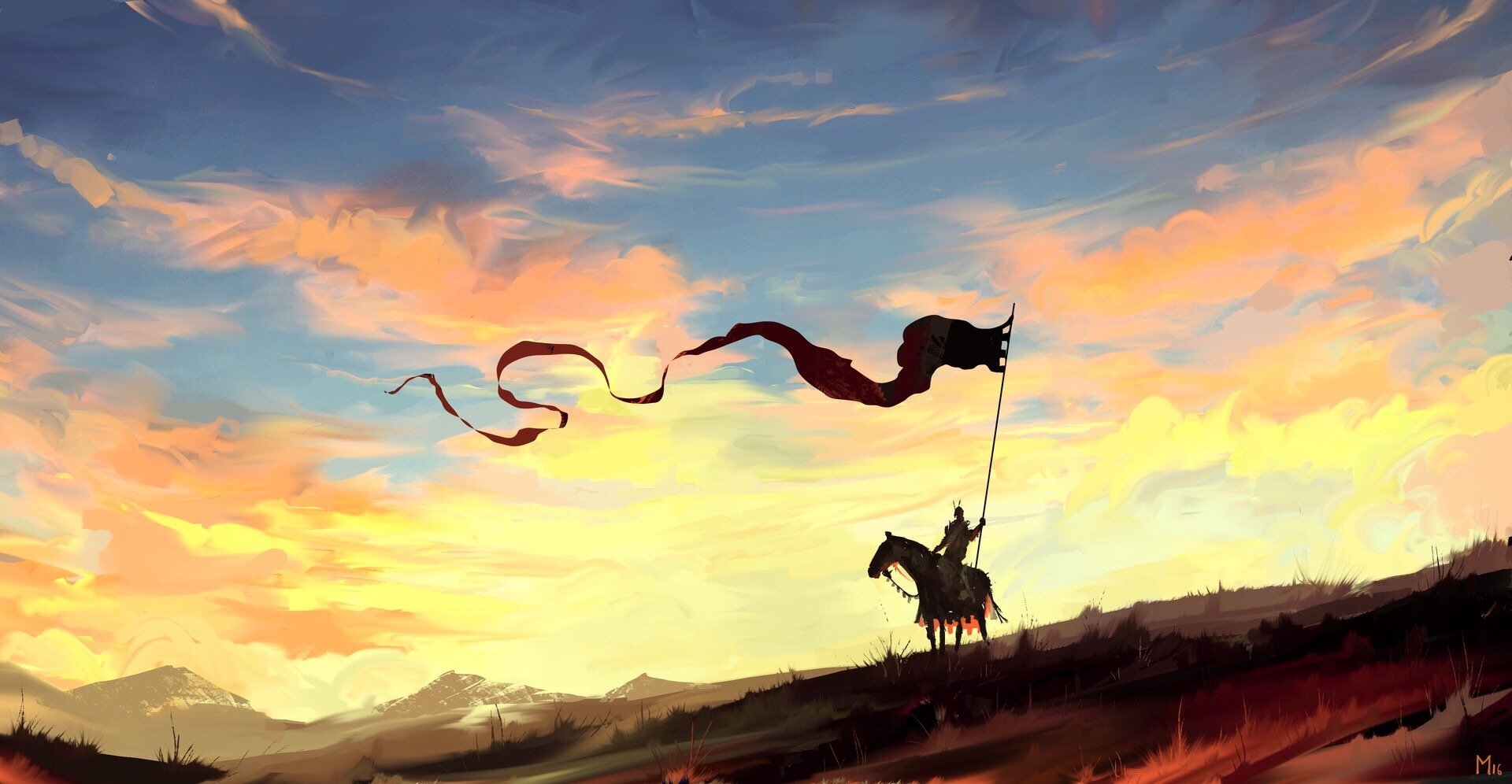 A fantasy HD wallpaper featuring a knight on a horse holding a banner against a vibrant sky.