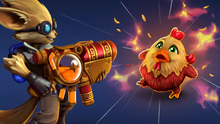 HD PC desktop wallpaper featuring Pip from Paladins aiming a large weapon at a surprised animated chicken in the video game Paladins.
