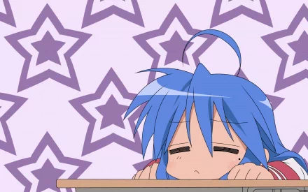A high-definition wallpaper featuring Konata Izumi from the anime Lucky Star, with her resting her head on a table against a background of purple stars.