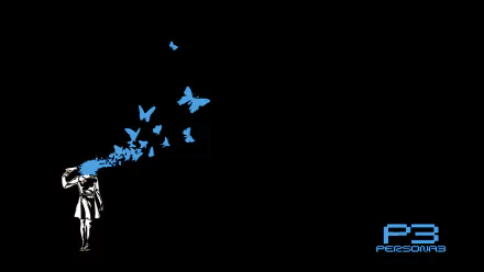 HD wallpaper featuring a Persona 3 theme, showing a silhouette of a character with blue butterflies emerging from their head against a black background, along with the Persona 3 logo at the bottom right.