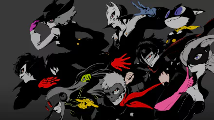 HD desktop wallpaper featuring characters from Persona 5 including Morgana, Futaba Sakura, Makoto Niijima, Yusuke Kitagawa, Haru Okumura, Ryuji Sakamoto, and Ann Takamaki, in a dynamic, dark-themed composition.