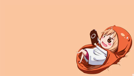 HD desktop wallpaper featuring Umaru Doma from Himouto! Umaru-chan R anime, lounging comfortably in an orange hoodie robe, playing on a handheld device, with a peach-colored background.