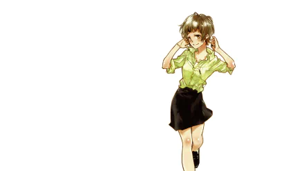 HD anime desktop wallpaper featuring Akane Tsunemori from Psycho-Pass in a green blouse and black skirt, set against a plain white background.