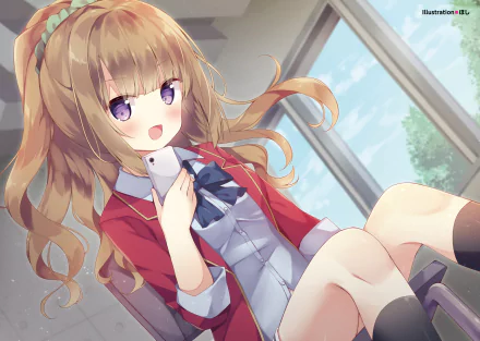 Anime HD desktop wallpaper featuring Kei Karuizawa from Classroom of the Elite, shown sitting indoors with a smartphone, wearing her school uniform.