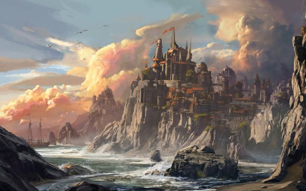 Fantasy City Castle Building Sky Cloud Coast HD Wallpaper | Background Image
