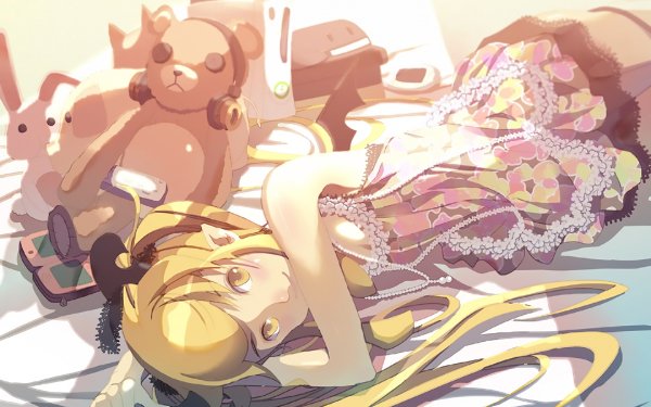 Anime Original Blonde Twintails Dress Necklace Teddy Bear Headphones Sunlight HD Wallpaper | Background Image