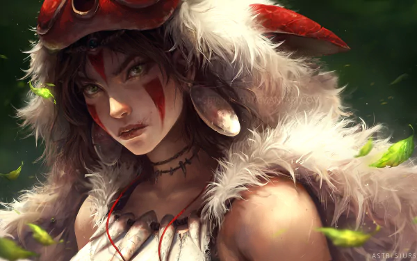 A striking HD wallpaper featuring a fierce character from Princess Mononoke, showcasing her detailed armor and expressive gaze amidst a lush, green background.
