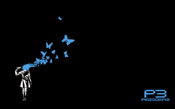 HD wallpaper featuring a Persona 3 theme, showing a silhouette of a character with blue butterflies emerging from their head against a black background, along with the Persona 3 logo at the bottom right.