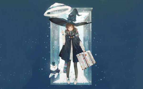 Anime Original Umbrella Snow Hat Cat Scarf Door HD Wallpaper | Background Image