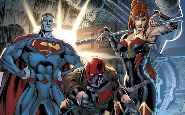 HD PC desktop wallpaper featuring Red Hood from the comic Red Hood And The Outlaws: Red Hood aiming a gun center, flanked by a blue Superman-like ally and an armored red-haired Amazon.