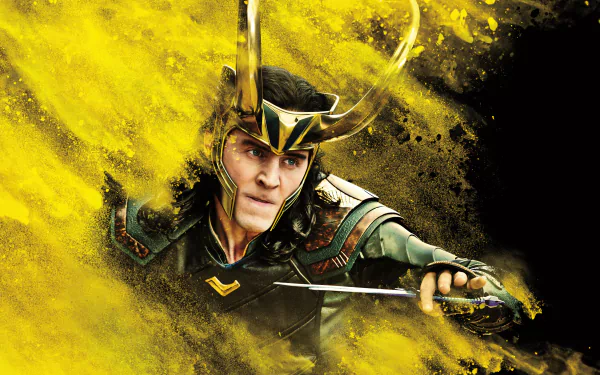 HD desktop wallpaper featuring Tom Hiddleston as Loki from Thor: Ragnarok, amidst a dynamic yellow and black background.
