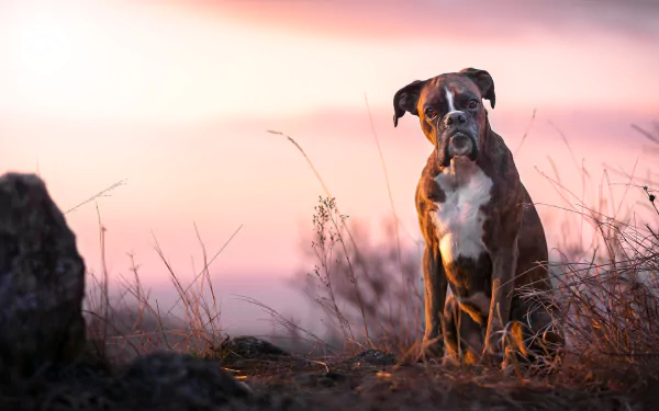 A boxer dog sits alert in a field at sunset, captured with a sharp depth of field in this HD PC desktop wallpaper.