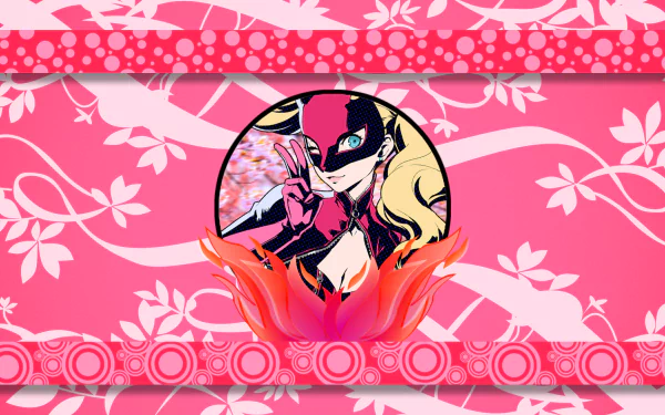 HD PC desktop wallpaper of Ann Takamaki from Persona 5: masked portrait centered on a pink floral patterned background with stylized red lotus accents.