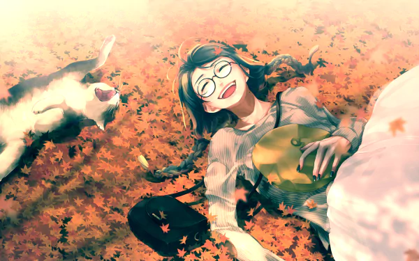 Anime-style artwork of a girl in a dress with twintails lying in fall leaves, smiling under sunlight with a cat beside her. HD desktop wallpaper tagged sunlight, dress, fall, twintails, cat, Anime, Original.