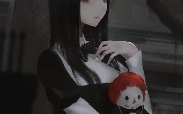 HD PC desktop wallpaper featuring an original anime-style doll character with long dark hair holding a red-haired plush doll in a dimly lit setting.