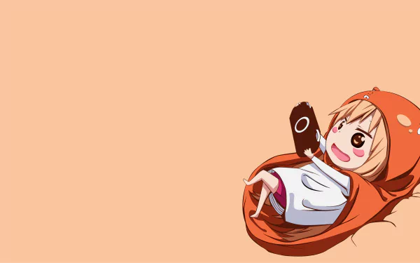 HD desktop wallpaper featuring Umaru Doma from Himouto! Umaru-chan R anime, lounging comfortably in an orange hoodie robe, playing on a handheld device, with a peach-colored background.
