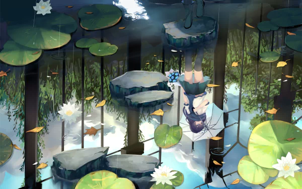 Anime-style HD desktop wallpaper featuring a serene water scene with water lilies, lily pads, reflective water, and a character holding an umbrella, surrounded by nature.