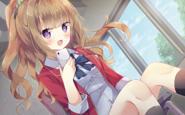Anime HD desktop wallpaper featuring Kei Karuizawa from Classroom of the Elite, shown sitting indoors with a smartphone, wearing her school uniform.