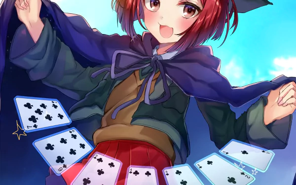 Himiko Yumeno from Danganronpa V3: Killing Harmony — cheerful witch in a cape tossing playing cards; HD PC desktop wallpaper/background.