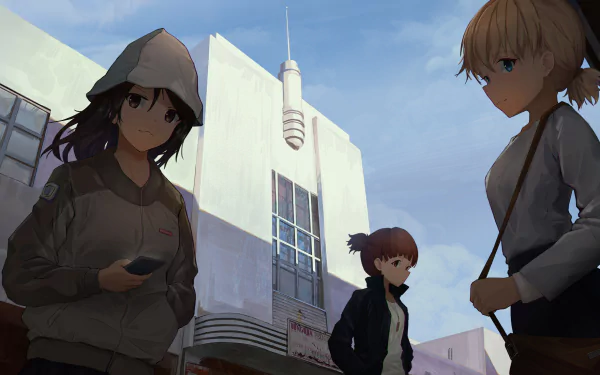 HD PC desktop wallpaper featuring Mika, Mikko, and Aki from Girls und Panzer alongside Girls Frontline elements in a stylized video game scene.