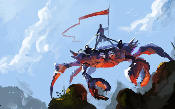 A high-definition fantasy desktop wallpaper featuring a knight warrior riding a giant crab with a red banner, set against a bright sky.