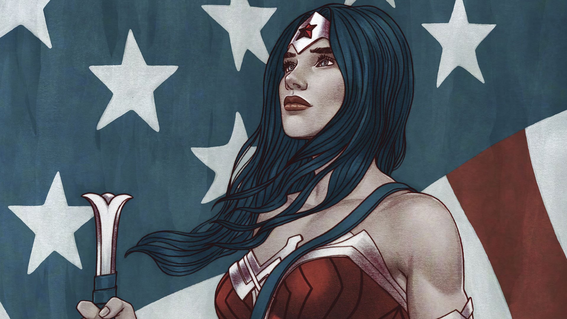 HD comic-style wallpaper featuring Wonder Woman standing confidently with an American flag backdrop.