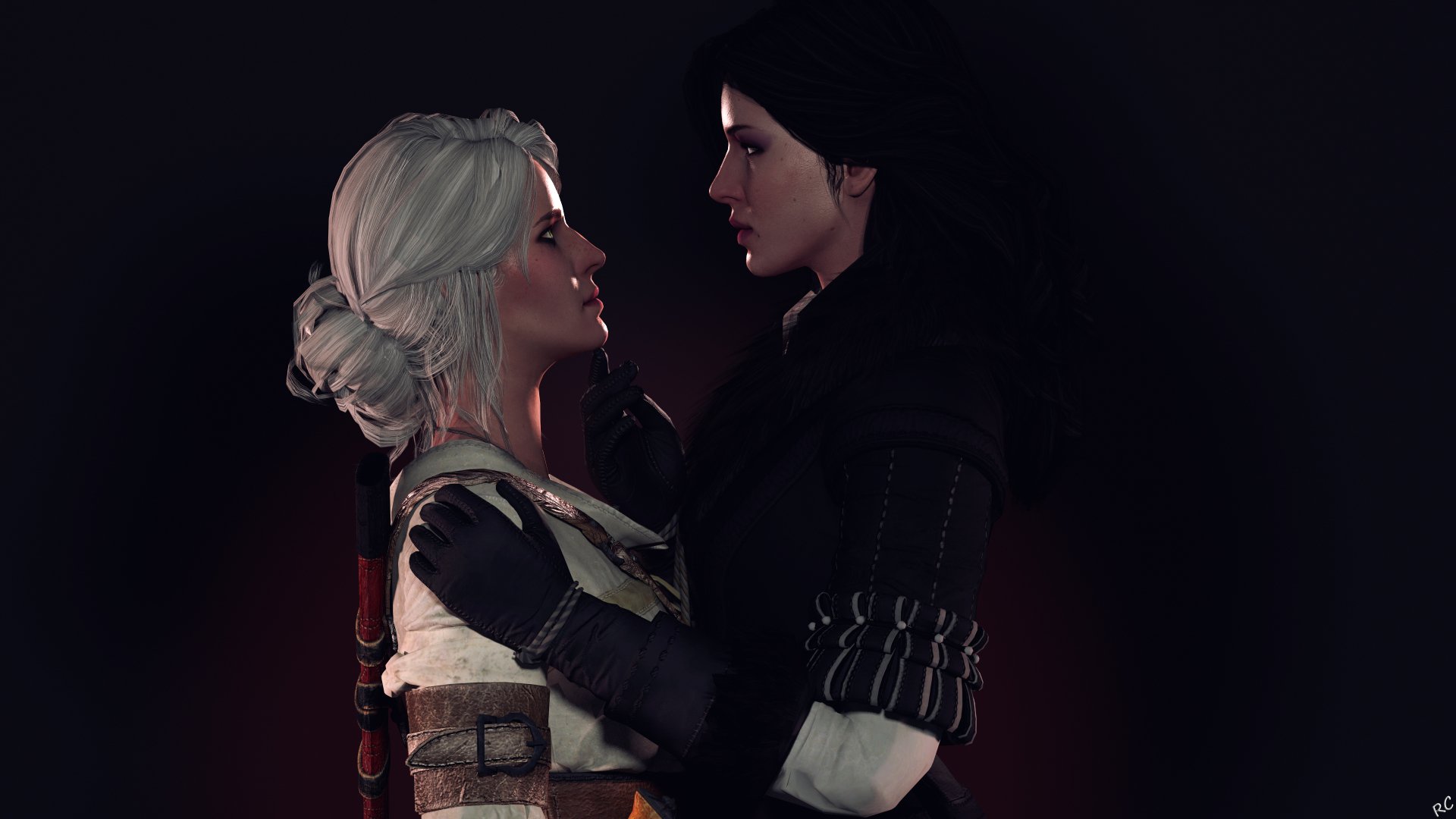 HD wallpaper depicting Yennefer of Vengerberg and Ciri from The Witcher 3: Wild Hunt video game, standing closely and intently looking at each other, creating an intense and captivating scene.