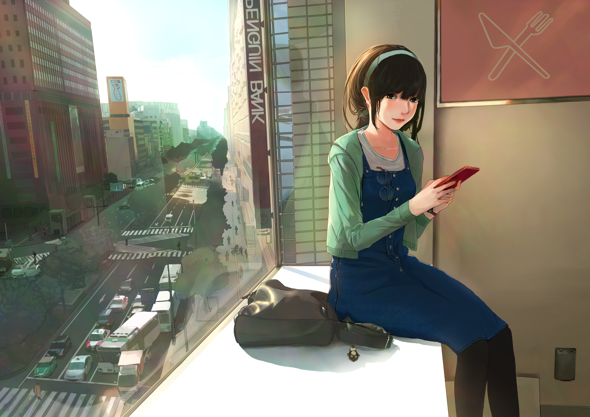 Anime-style city scene showing a girl with a phone sitting by a window overlooking traffic and buildings, rendered as an HD PC desktop wallpaper.