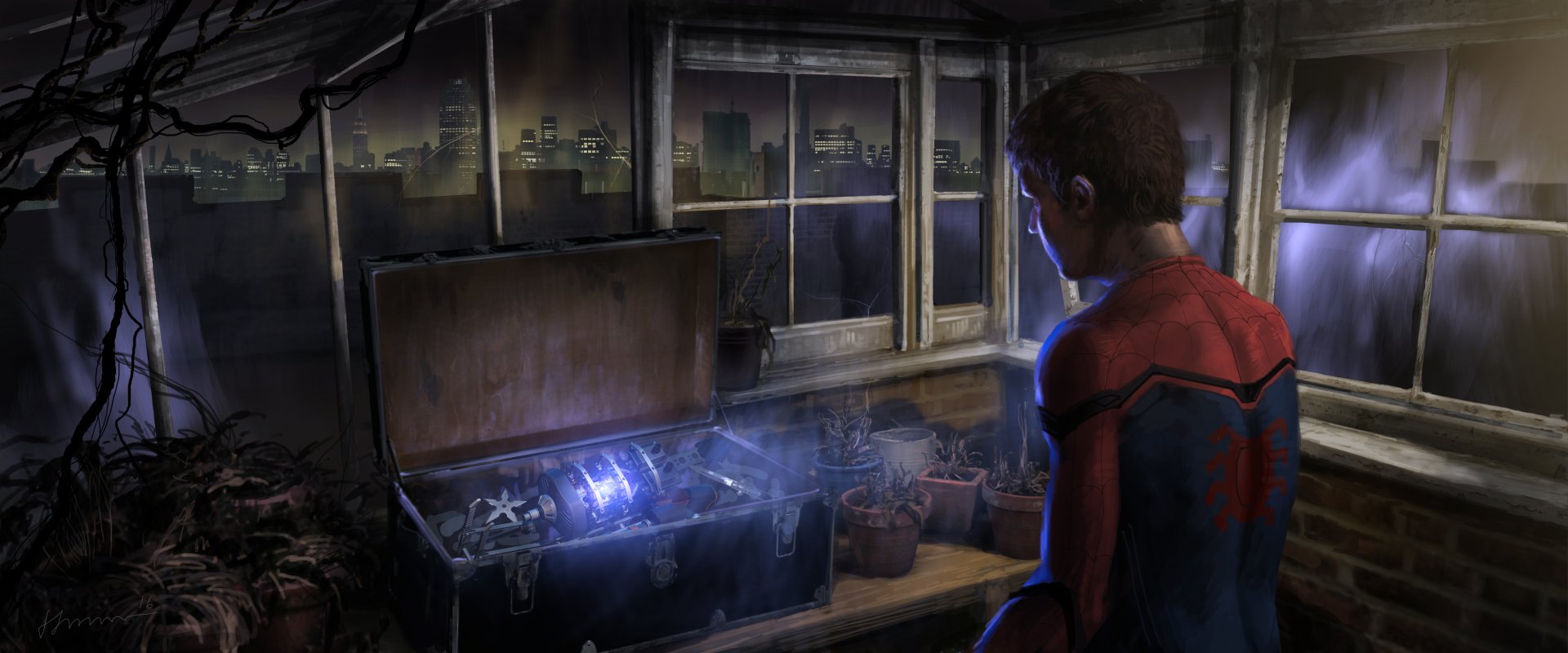 HD desktop wallpaper of Spider-Man from Spider-Man: Homecoming, showing the character looking into a glowing chest inside a dimly lit room with a cityscape visible through the windows.