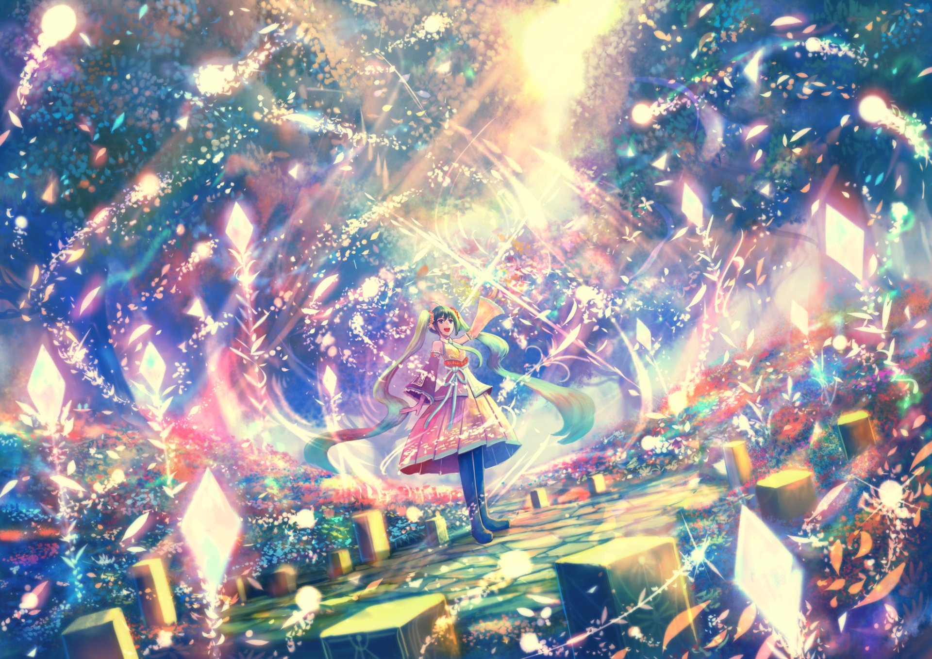A vibrant HD PC desktop wallpaper featuring Hatsune Miku from the Vocaloid series in an enchanting, colorful anime setting with glowing crystals and dynamic light effects.