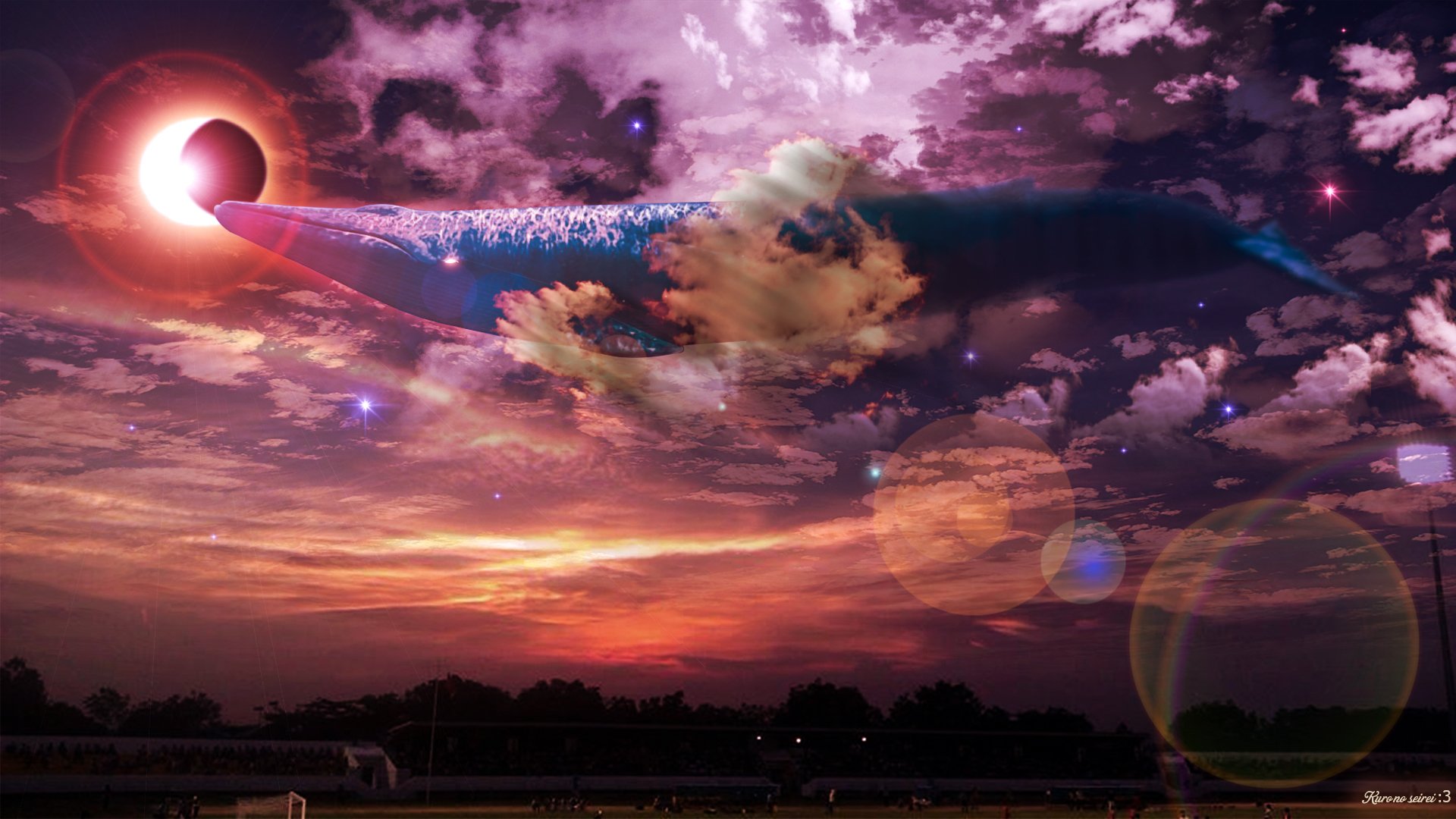 Fantasy-themed HD PC desktop wallpaper featuring a majestic whale swimming through a vibrant, surreal sky with clouds and a glowing celestial body.