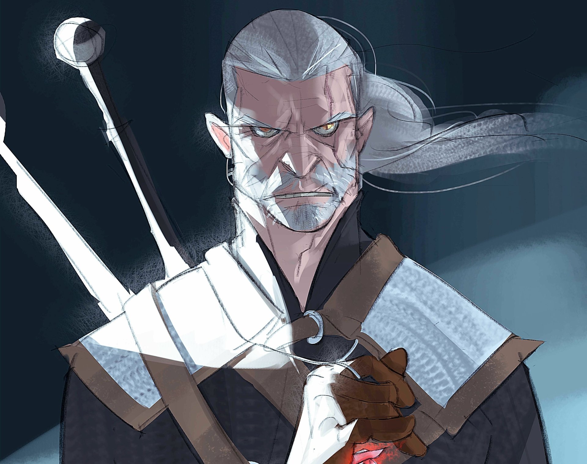 Geralt of Rivia from The Witcher 3: Wild Hunt depicted in a detailed 4K Ultra HD video game desktop wallpaper with a focused expression and two swords on his back.